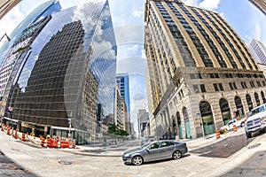 View to historic and modern skyscraper in downtown Houston