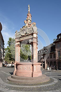 View to historic old market square fountain in Mainz