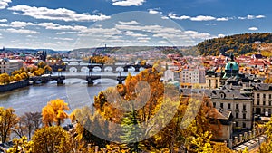 View to the historical bridges, Prague old town and Vltava river