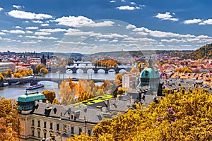 View to the historical bridges, Prague old town and Vltava river