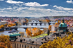 View to the historical bridges, Prague old town and Vltava river