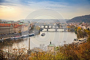 View to the historical bridges, Prague old town and Vltava river from popular view point in the Letna park or Letenske