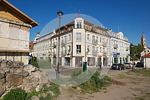 View to the historical building of Barbacan apartments hotel in downtown Vilnius, Lithuania.