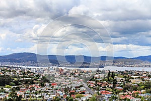 View to the Hobart city center, streets and resedential building