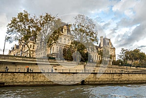 A view to Hotel de Ville building housing city hall while cruising on river Seine, Paris