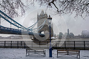 View to the iconic Tower Bridge in London, covered in snow