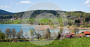 View to idyllic lake tegernsee at springtime