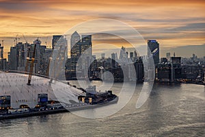 View to the illuminated financial district of London, Canary Wharf, United Kingdom