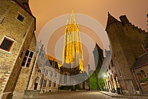 Church Of Our Lady In Bruges At Night