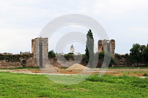 View to inner yard and ruined outer wall and towers of stone old medieval fortress Smederevo in Serbia, national landmark