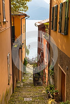 View to the Italian Lake Como from one of the narrow streets. photo
