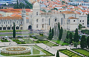 View to Jeronimos monastery in Belem, Lisbon, Portugal. Manueline style. UNESCO World Heritage