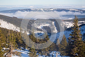 View to Karkonosze Krkonose from Sniezka Snezka, in winter.