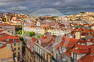 View to King Pedro IV Square and old city center streets with orange tiled houses , Lisbon, Portugal