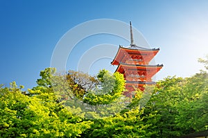 View to Kiyomizu-dera Temple complex with Pagoda in Kyoto, Japan