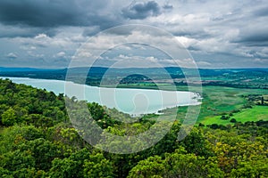 View to Lake Balaton from Tihany peninsula, Watchtower-lookout. Tihany peninsula with small lake, Hungary