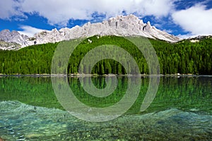 View to Lake Misurina, conifer forest and Dolomites, Italy, Euro