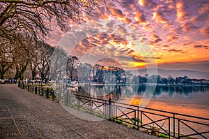 View to the lake Pamvotis at sunset. Ioannina city, Greece