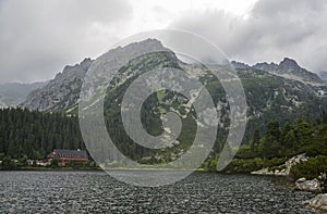 View to Lake Popradske pleso 1494m with mountain hotel in High Tatras, Slovakia