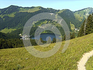 View to lake Spitzingsee in Bavaria, Germay photo