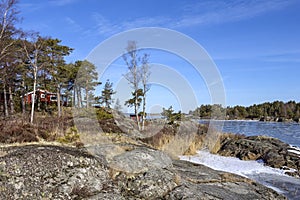 View to the lake Vanern with skerries in winter