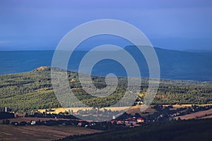 A view to the landscape with stormy clouds coming at Ore Mountains