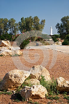 The view to the lighthouse from Paphos Archaeological Park. Cyprus