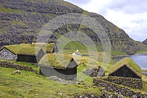 View to little cottages in Saksun, Faroe Islands