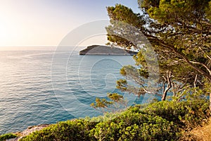 View to little island Campi seen from coastal road from Vieste to Mattinata at Gargano National Park