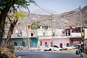 View to a lonely village with simple stone houses in a valley in the mountains in the center of Santiago Island,