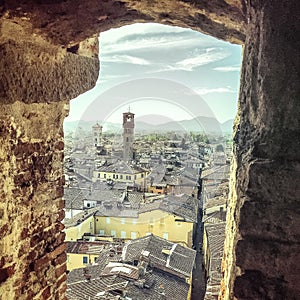 View to Lucca cityscape from La Torre Guindgi.Toscana, Italy.