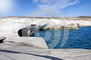 View to the lunar rock formations of the famous Sarakiniko beach, Milos island
