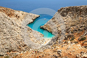 View to the magical Seitan Limania beach in Crete, Greece