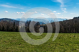 View to Mala Fatra mountains from hiking trail between Jakubovsky vrch and Vrchrieka hills in Javorniky mountains in Slovakia