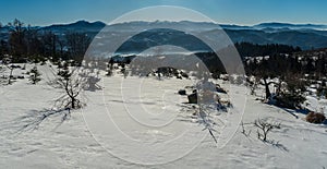 View to Mala Fatra mountains near Bryzgalky in Kysucke Beskydy mountains in Slovakia