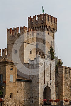 View to the medieval Rocca Scaligera castle in Sirmione town on Garda lake