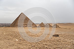 View to Menkaure pyramid and pyramids of the Queen`s. Giza plateau, Egypt