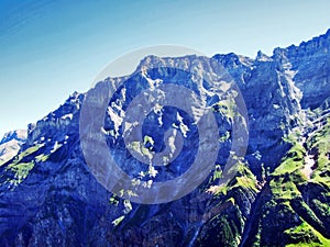 View to the Mittler Selbsanft Plattas Alvas peak in mountain mass Glarus Alps