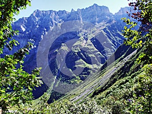 View to the Mittler Selbsanft Plattas Alvas peak in mountain mass Glarus Alps