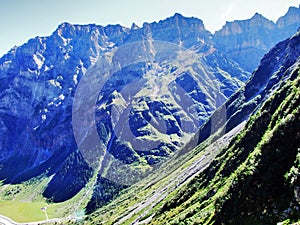 View to the Mittler Selbsanft Plattas Alvas peak in mountain mass Glarus Alps