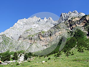 View to the Mittler Selbsanft Plattas Alvas peak in mountain mass Glarus Alps