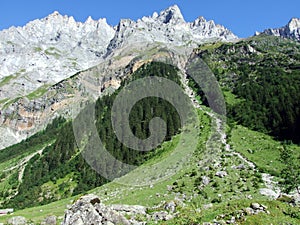 View to the Mittler Selbsanft Plattas Alvas peak in mountain mass Glarus Alps