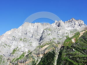 View to the Mittler Selbsanft Plattas Alvas peak in mountain mass Glarus Alps