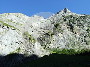 View to the Mittler Selbsanft Plattas Alvas peak in mountain mass Glarus Alps