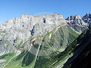 View to the Mittler Selbsanft Plattas Alvas peak in mountain mass Glarus Alps