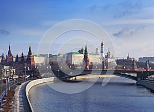 View to Moscow Kremlin from bridge over Moscow river, Russia