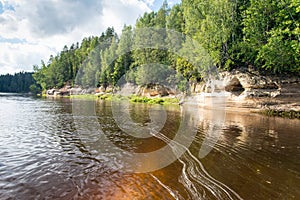 view to the Mountain river with Flowing Water Stream and sandstone cliffs