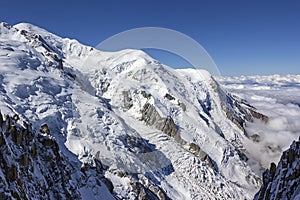 View to the mountains in the Mont Blanc massif