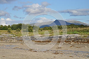 View to the mountains in Torget island in BrÃ¸nnÃ¸y, Nordland on summer evening