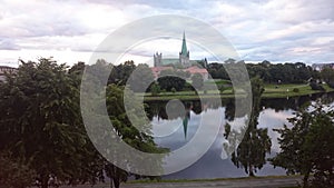 View to Nidelva and Nidarosdomen in Trondheim, Norway.